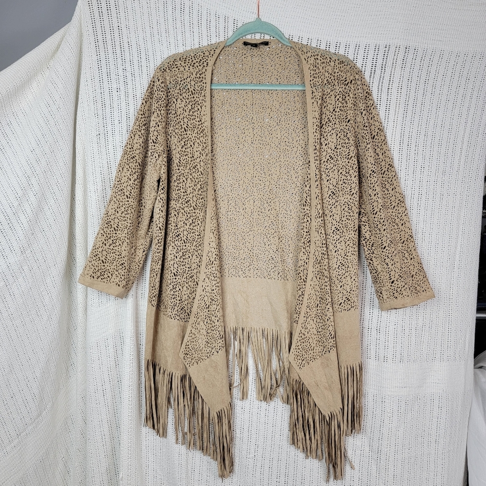 Alberto Makali Faux Leather Fringed Eyelet Cardigan Sz M